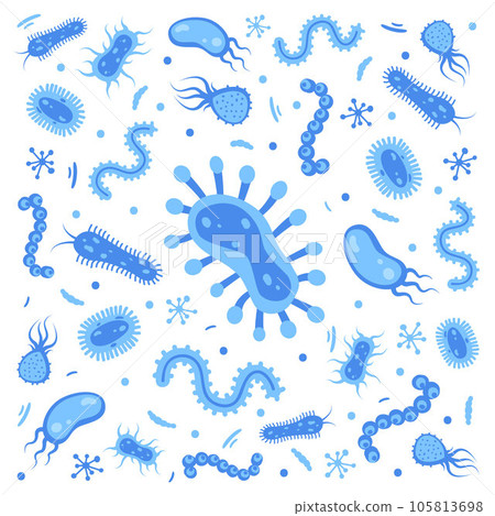 Different bacteria, pathogenic microorganisms. Bacteria and germs, microorganisms disease-causing, bacteria, bacteria, viruses, fungi, protozoa, probiotic. Vector illustration. 105813698