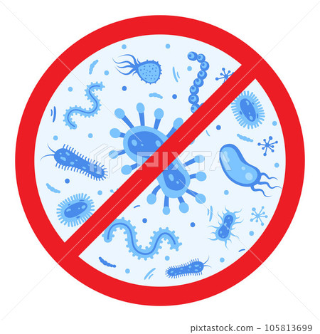 Antibacterial defence icon. Stop bacteria and viruses prohibition sign. Antiseptic. Various bacteria in the red crossed-out circle. Vector illustration. 105813699
