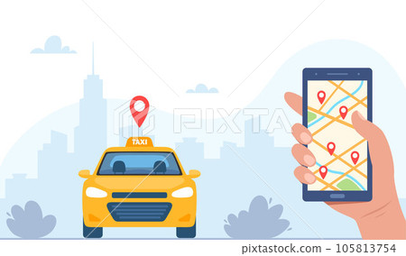 Yellow Taxi Car, front view, on city landscape background. Taxi mobile ordering service app concept. Hand holding smartphone with geotag gps location pin on city map. Vector illustration. Yellow Taxi Car, front view, on city landscape background. Taxi mobile ordering service app concept. Hand holding smartphone with geotag gps location pin on city map. Vector illustration. 105813754