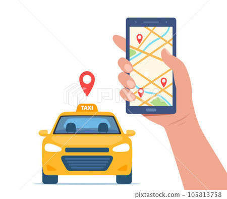 Yellow Taxi Car, front view. Taxi mobile ordering service app concept. Hand holding smartphone with geotag gps location pin on city map. Vector illustration. Yellow Taxi Car, front view. Taxi mobile ordering service app concept. Hand holding smartphone with geotag gps location pin on city map. Vector illustration. 105813758