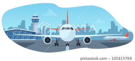 Airport terminal building, control tower and big aircraft on runway. City building silhouettes on background. Time to travel. Travel concept, vector illustration, flat. 105813769