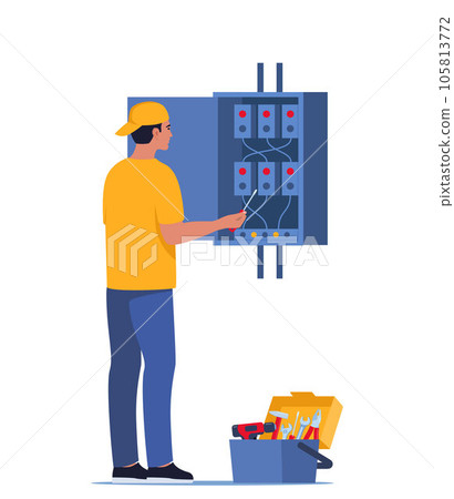 Electrician worker check and repair electrical switchboard. Home Repairment, Electrical Safety Concept. Vector illustration. 105813772