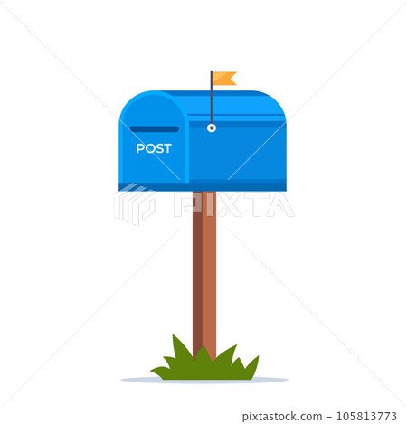 Mailbox with a closed door and raised flag. Blue post box, isolated on white background. Vector illustration. Mailbox with a closed door and raised flag. Blue post box, isolated on white background. Vector illustration. 105813773
