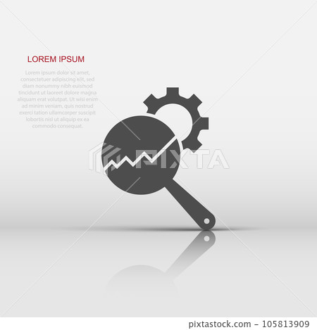 Loupe with gear icon in flat style. Magnifying glass vector illustration on white isolated background. Seo exploration business concept. Loupe with gear icon in flat style. Magnifying glass vector illustration on white isolated background. Seo exploration business concept. 105813909