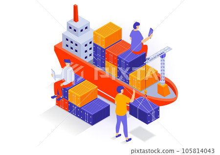Transportation and logistics concept in 3d isometric design. People work in delivery company with commercial marine shipping by cargo ship. Vector illustration with isometry scene for web graphic 105814043