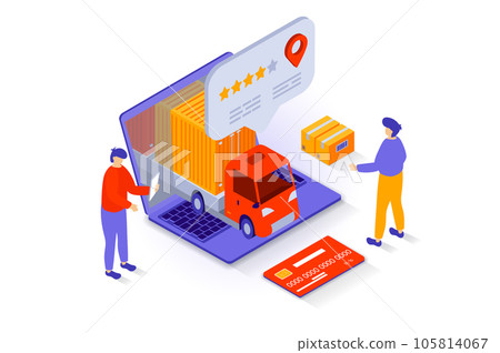 Transportation and logistics concept in 3d isometric design. People choosing delivery company with good rating for ordering shipping by truck. Vector illustration with isometry scene for web graphic Transportation and logistics concept in 3d isometric design. People choosing delivery company with good rating for ordering shipping by truck. Vector illustration with isometry scene for web graphic 105814067