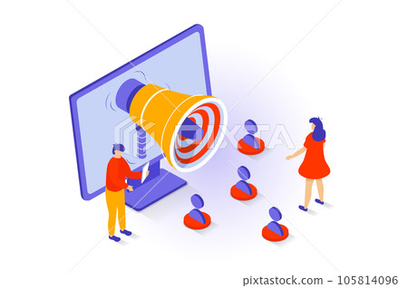 Social media concept in 3d isometric design. People using megaphone and online advertising tools for promotion blogs and attracting followers. Vector illustration with isometry scene for web graphic Social media concept in 3d isometric design. People using megaphone and online advertising tools for promotion blogs and attracting followers. Vector illustration with isometry scene for web graphic 105814096