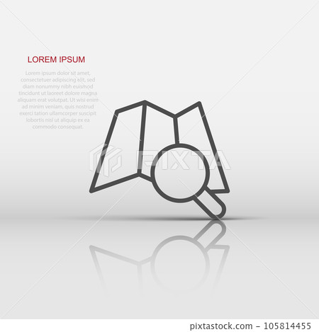Map with magnifier icon in flat style. Gps navigation vector illustration on white isolated background. Locate position business concept. 105814455