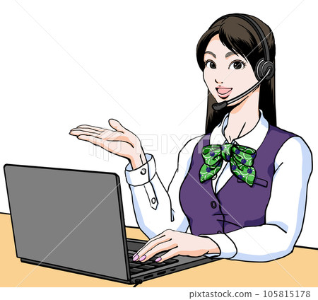 呼叫中心的一位年輕女士戴著耳機微笑著指導您 105815178