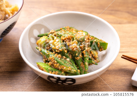 Miso and sesame dressing of okra Miso and sesame dressing of okra 105815576