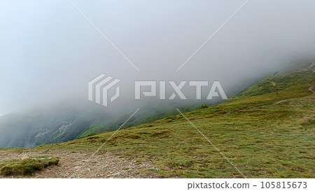 Let's go up the mountain. Landscape with clouds, pine trees and green grass. Journey through forests Let's go up the mountain. Landscape with clouds, pine trees and green grass. Journey through forests 105815673
