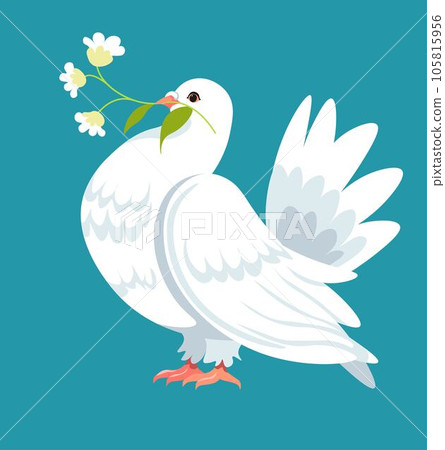 Dove carrying flower branch in beak, symbol peace Dove carrying flower branch in beak, symbol peace 105815956