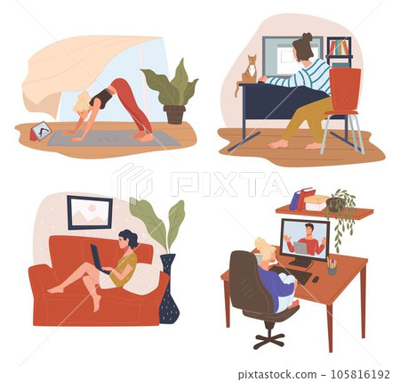 Leisure at home, doing yoga browsing on internet 105816192