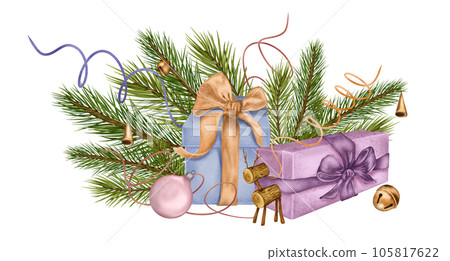 Composition of gift boxs, Christmas decorations digital illustration watercolor style isolated on white. Pine branch, deer, bells hand drawn. Element for holiday, 2024 new year greeting design Composition of gift boxs, Christmas decorations digital illustration watercolor style isolated on white. Pine branch, deer, bells hand drawn. Element for holiday, 2024 new year greeting design 105817622