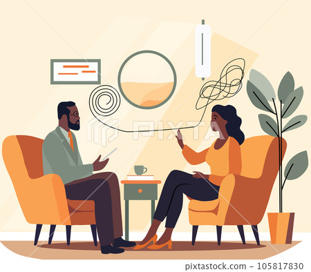 Mental health therapy notion. Female patient in a psychologists setting. Discussing with a psychiatrist while seated. Addressing stress, dependencies, and psychological issues. Vector Mental health therapy notion. Female patient in a psychologists setting. Discussing with a psychiatrist while seated. Addressing stress, dependencies, and psychological issues. Vector 105817830
