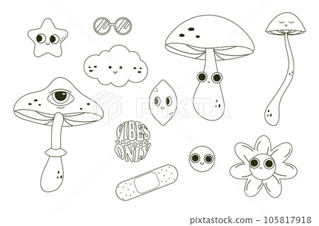 Groovy linear clip art sticker set. Vector illustration 105817918