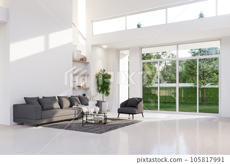 Minimal style white high living room with garden view 3d render 105817991