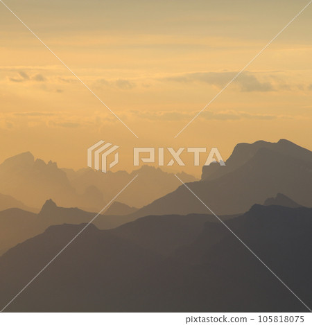 Outlines of mountain ranges in the Bernese Oberland seen from Niesen Kulm, Switzerland. Outlines of mountain ranges in the Bernese Oberland seen from Niesen Kulm, Switzerland. 105818075