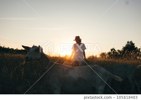 Trendy girl in stylish summer dress feeling free in the field. The goat in front of her. Sunset or sunrise time. Trendy girl in stylish summer dress feeling free in the field. The goat in front of her. Sunset or sunrise time. 105818483