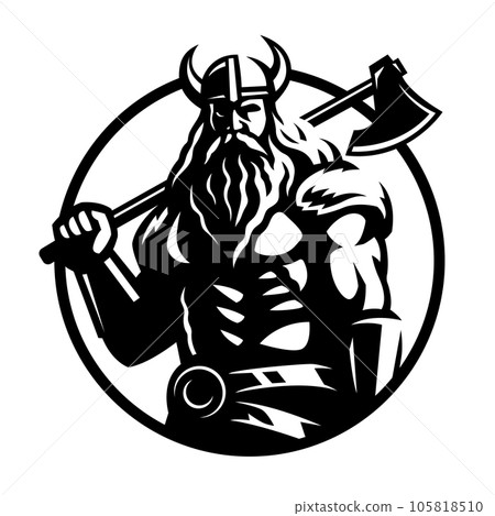 Viking warrior in a helmet and with an ax. Vector illustration. 105818510