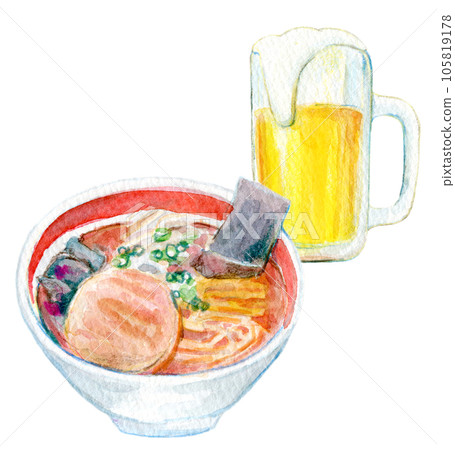 水彩插圖生啤酒和拉麵套裝 105819178