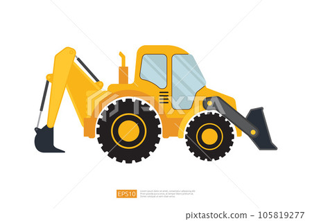 end loader vehicle flat cartoon. bulldozer quarry machine. stone wheel yellow digger. backhoe front loader truck. work tractor excavator. vector illustration. 105819277