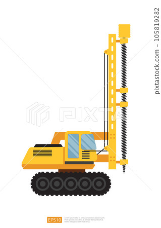 side view yellow Track Drilling Machine vector illustration on white background. Isolated big heavy machinery equipment vehicle. Drilling Tractor flat cartoon construction and mining Industry car icon 105819282