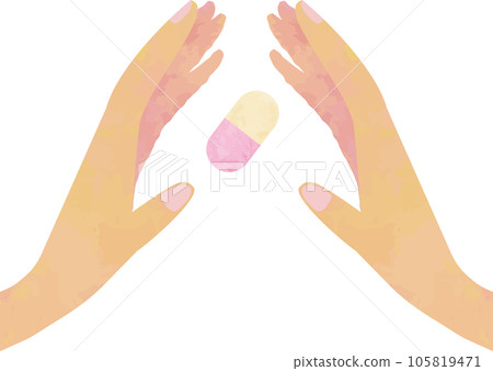 Pink medicine, pill capsules floating in the outstretched hands 105819471