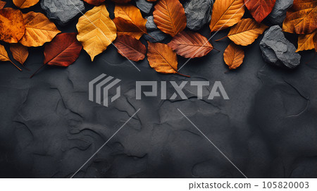 Autumn leaves lie on the dark stone floor, there is room for text. High quality photo Autumn leaves lie on the dark stone floor, there is room for text. High quality photo 105820003