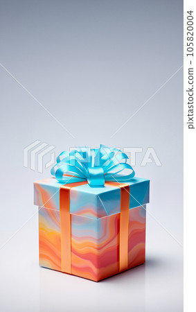 Multicolored gift box with satin ribbon on gray background. Side view of a birthday gift. Vertical photo. High quality photo Multicolored gift box with satin ribbon on gray background. Side view of a birthday gift. Vertical photo. High quality photo 105820004