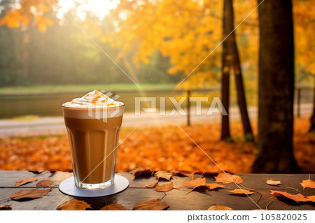 A cup of coffee with fall leaves and pumpkin on the table. AI. High quality photo A cup of coffee with fall leaves and pumpkin on the table. AI. High quality photo 105820025