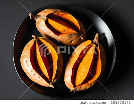 R. Sweet potatoes black background POV sharp 105820181