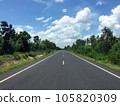 Image of new paved road in the daytime in the countryside painted yellow dividing line with trees, grass along the road, sky with white clouds 105820309