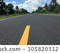Image of new paved road in the daytime in the countryside painted yellow dividing line with trees, grass along the road, sky with white clouds 105820312