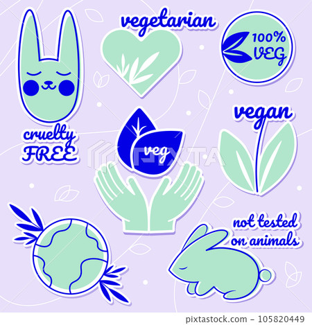 Set of vegan icons. Bio, ecology, organic logos and badges, label, not tested on animals. Vector illustration. Set of vegan icons. Bio, ecology, organic logos and badges, label, not tested on animals. Vector illustration. 105820449
