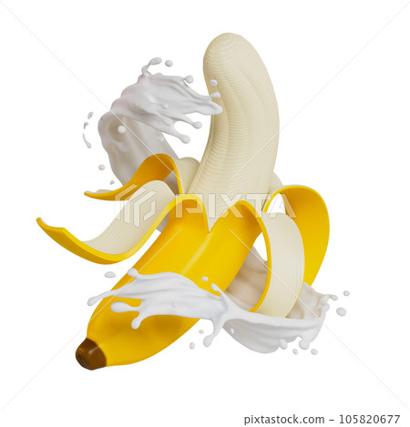 peeled bananas splashes milk isolated. 3D render illustration peeled bananas splashes milk isolated. 3D render illustration 105820677