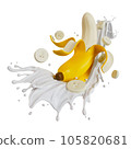 peeled bananas splashes milk isolated. 3D render illustration 105820681
