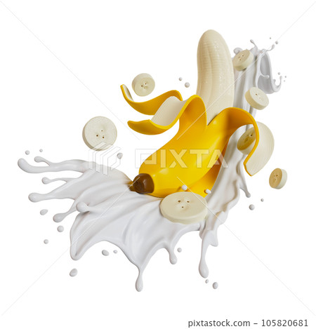 peeled bananas splashes milk isolated. 3D render illustration 105820681