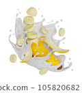 sliced banana splashes milk isolated. 3D render illustration 105820682