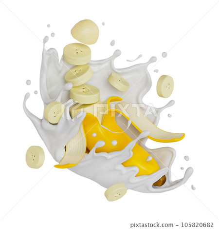 sliced banana splashes milk isolated. 3D render illustration 105820682