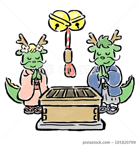Dragon men and women praying at New Year's visit Hand-drawn illustration with brushstrokes (In the case of vectors, the offertory box and characters can be separated) 105820709
