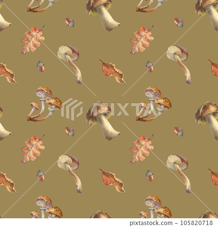 Seamless brown mushrooms pattern. Watercolor seamless pattern with illustration of mushrooms, leaves, acorns, branch. Saffron milk cap or red pine mushroom, porcini, cantharellus. Seamless brown mushrooms pattern. Watercolor seamless pattern with illustration of mushrooms, leaves, acorns, branch. Saffron milk cap or red pine mushroom, porcini, cantharellus. 105820718