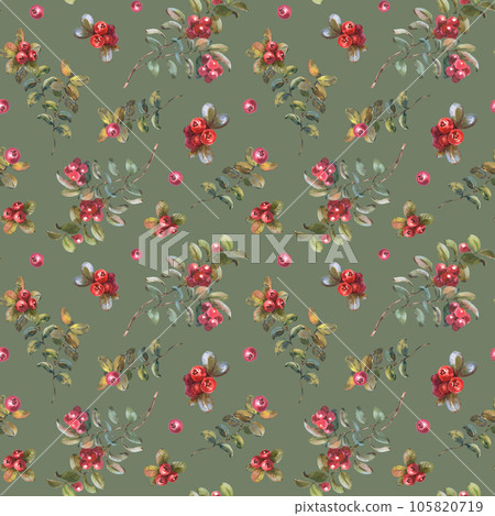 Watercolor Seamless Pattern with Cowberry. Hand drawn forest red berries and green leaves on green background. Fruits of lingonberry for textile, wrapping paper. 105820719