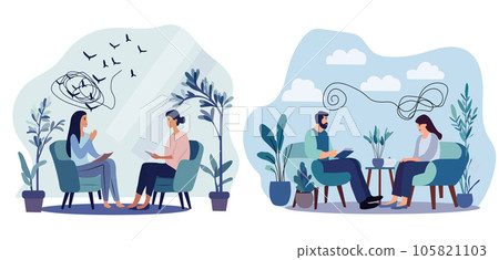 Counseling theme: A lady in a therapy session at a psychologists clinic. Conversation with a mental health professional about stress, addiction, and mind challenges. Vector. 105821103