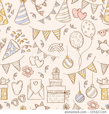 Holiday seamless pattern. Christmas balls, decor, balloons, flower, gifts and garlands on light beige background. Vector illustration in doodle style for wallpaper, packaging, festive design, textile 105821104