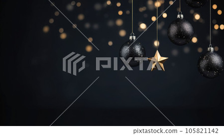 Christmas decorations in black. Baubles, stars and lights on a black background. AI generated 105821142