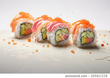 Set of sushi rolls with salmon, avocado, cream cheese. Sushi menu. Japanese food. Generative AI 105821158