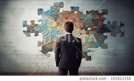 Businessman searching puzzle solution on a wall. Business concept. Generative AI. 105821338