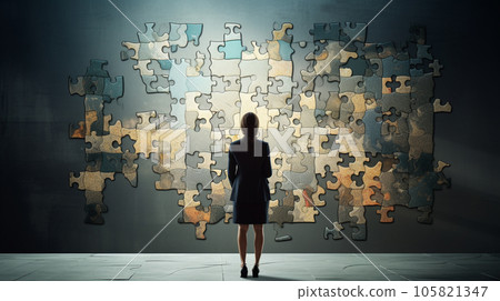 Businesswoman searching puzzle solution on a wall. Business concept. Generative AI. Businesswoman searching puzzle solution on a wall. Business concept. Generative AI. 105821347