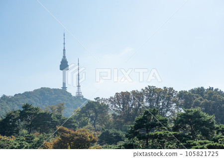 Walkway next to Hanyangdoseong Wall or Seoul City Wall in Namsan park, with the view of N Seoul Tower. South Korea Walkway next to Hanyangdoseong Wall or Seoul City Wall in Namsan park, with the view of N Seoul Tower. South Korea 105821725